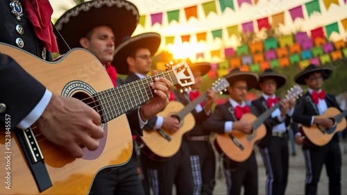 A close-up of a man's hands playing a guitar, part of a mariachi band performing in traditional Mexican costumes. Cinco de Mayo. Independence Day. Fiesta and festival vibe