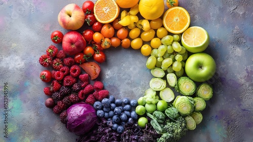 Colorful fruits, berries and vegetables in a circular arrangement, celebrating nature's vibrant bounty