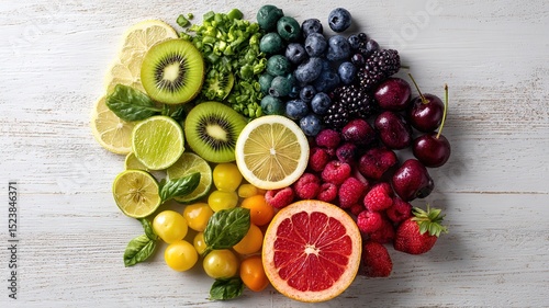 Colorful fruits, berries and vegetables in a circular arrangement, celebrating nature's vibrant bounty