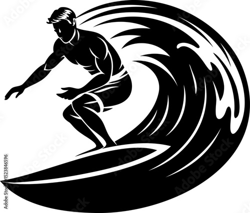 Black-and-white art of surfer riding a wave