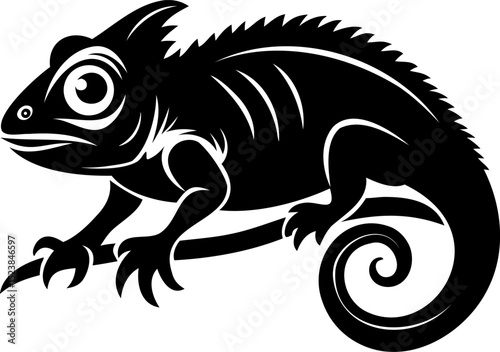 A detailed silhouette of a chameleon perched on a branch