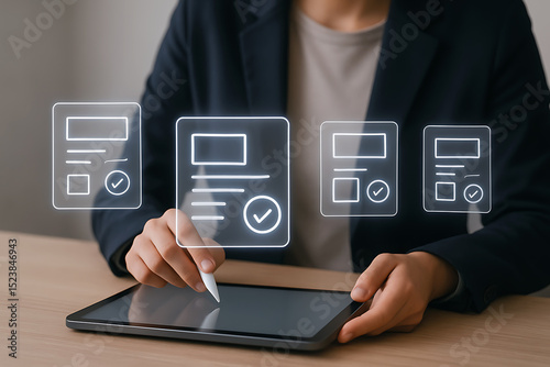 Businessman interacting with digital interface showing business analytics and graphs