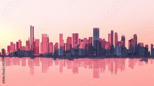 Abstract cityscape with a pink and blue color scheme and water reflection