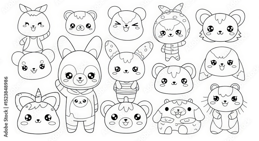 Fototapeta premium Handdrawn line art featuring a variety of cute animal characters with humanlike expressions and accessories