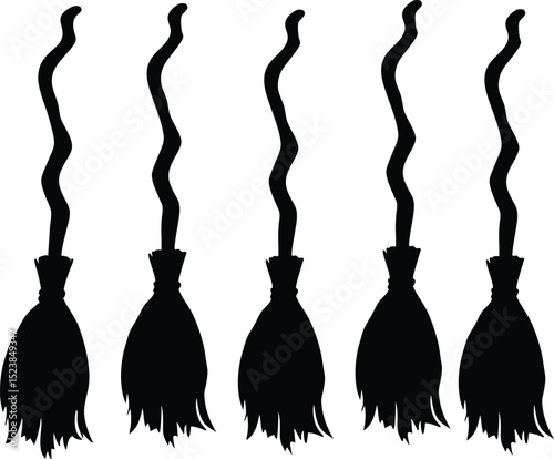 Five Witch Brooms Silhouette Illustration for Halloween or Spooky Designs
