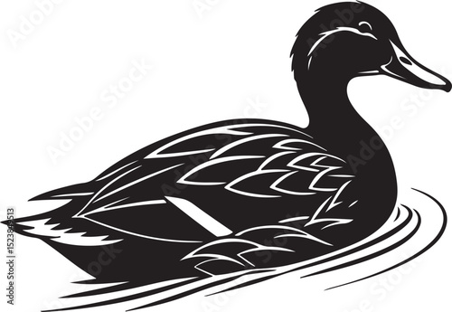Calm floating duck silhouette with soft curves in flat black, simple clean shape on white background, ideal for tracing and microstock graphics