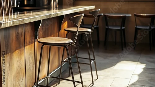 Two bar stools with wooden seats and dark metal frames in a modern cafe