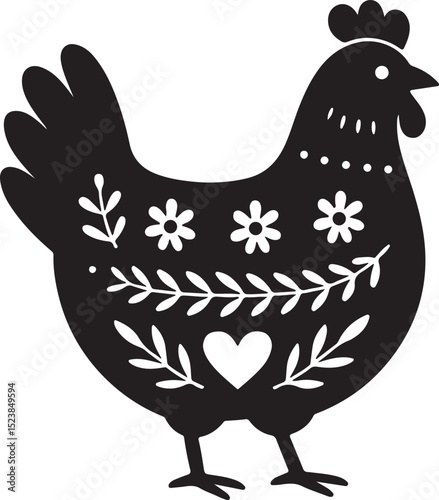 Chicken silhouette in folk art style featuring clean internal patterns, flat black design on white, creative and minimal subject for decorative stock art