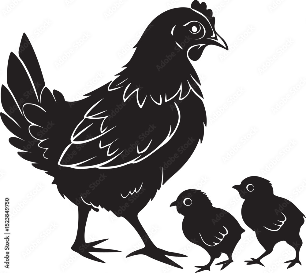 Fototapeta premium Chicken sitting pose with three baby chick outlines, calm black silhouette on white background, clean flat art suitable for microstock platforms