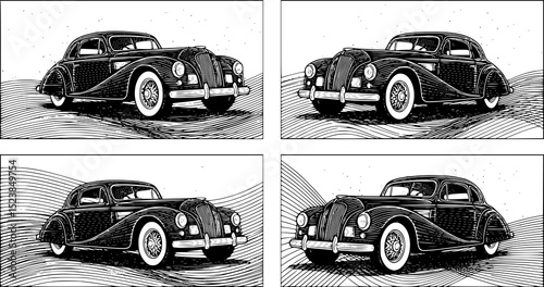 Vector illustration of four stylized B/W retro cars. Classic car on abstract linear background. JPEG version.