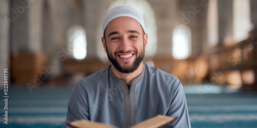 Young muslim male smiling and reading in a mosque interior setting