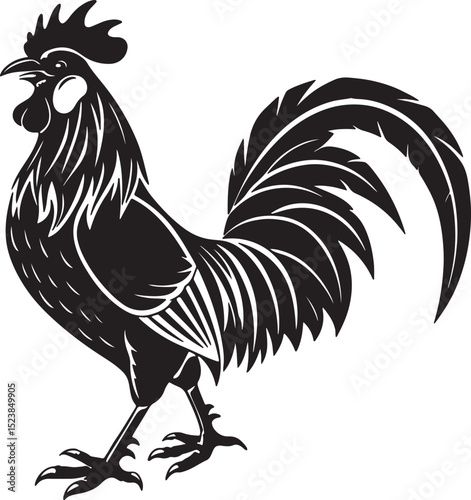 Confident rooster silhouette with puff chest and tail, bold black shape in standing pose, clean minimal outline ideal for stock usage and trace-ready art