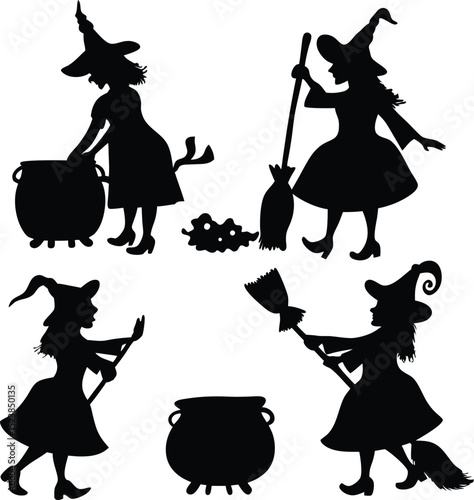 Halloween Witch Silhouettes with Cauldron and Broom for Spooky Season