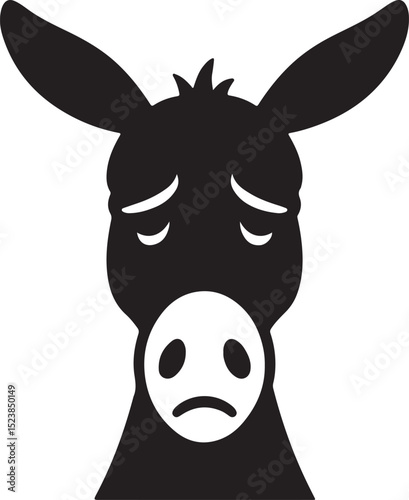 Donkey close-up face in sad expression silhouette, down eyes and ears in flat black on white, simple subject with emotion great for stock usage