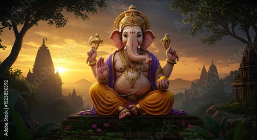 God Ganesha sitting with majestic background, generated by Ai