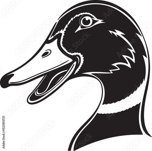 Duck head close-up in happy cartoon mood, black silhouette with smiling expression, flat clean artwork ideal for microstock or trace designs
