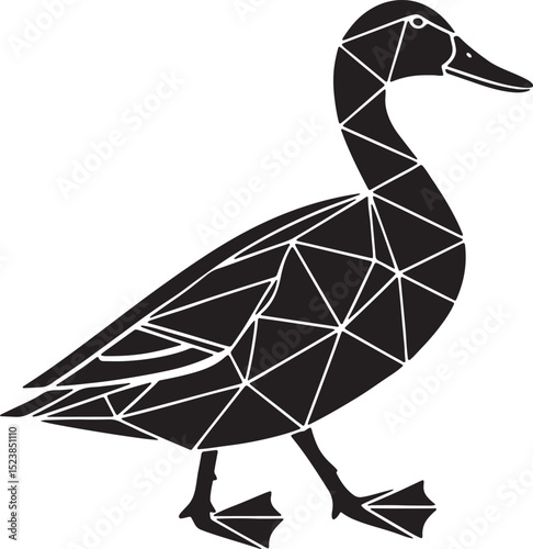 Geometric duck silhouette created with basic abstract forms, flat black on white design, modern minimal shape ideal for tracing or commercial stock