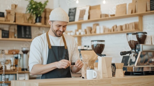 Artisanal barista tamping coffee grounds, showcasing skilled hands and brewing techniques in a detailed image.