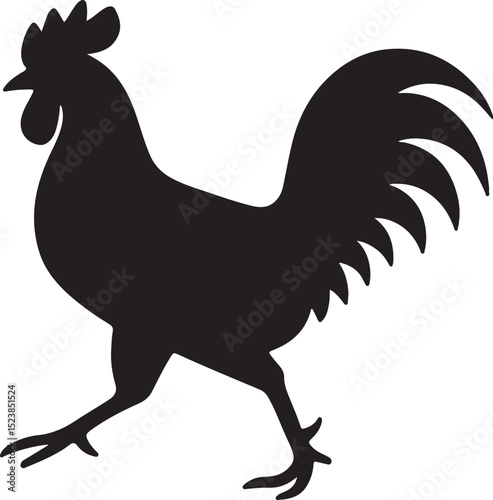 Rooster walking to left with lifted leg silhouette, flat black design in clean pose, simple subject on white perfect for traceable stock content