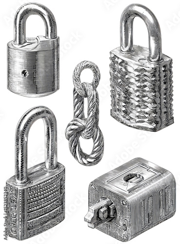 Five metallic padlocks of varying designs