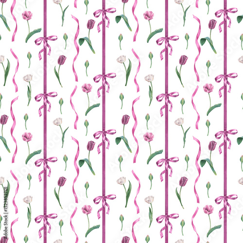 Seamless pattern of violet tulips, buds and satin ribbon bows. Hand drawn watercolor illustration of delicate spring perennial bulbous flower on white isolated background. For wallpaper or packaging.
