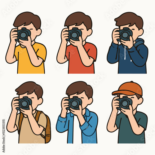 Vector Set of a teenager holding a camera and taking a photo