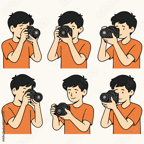 Vector Set of a teenager holding a camera and taking a photo