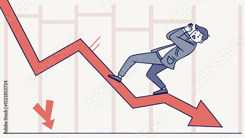 Vector businessman precariously balances sharply declining graph, expressing concern about financial
