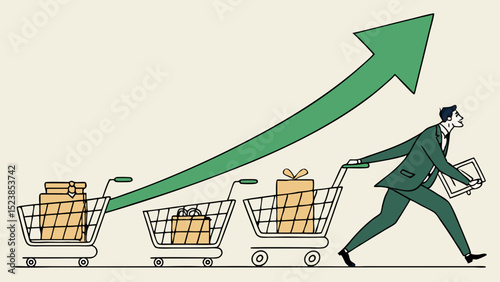 Vector businessman pushes three shopping carts filled with products, symbolizing growth and success
