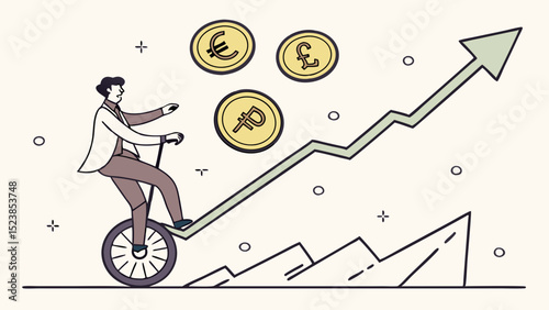 Vector businessman rides unicycle along upward trend, symbolizing financial growth and success