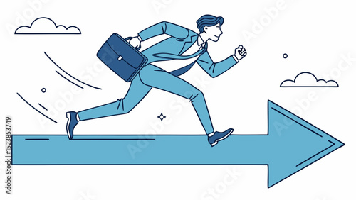 Vector businessman runs across large blue arrow, symbolizing progress and determination
