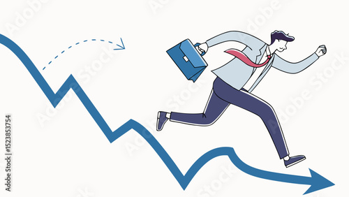 Vector businessman runs energetically with briefcase, symbolizing urgency and change