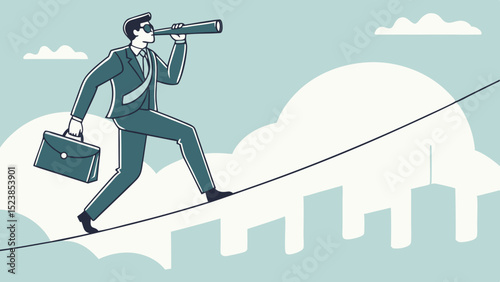 Vector Risk and Focus, Businessman walks tightrope while looking through telescope