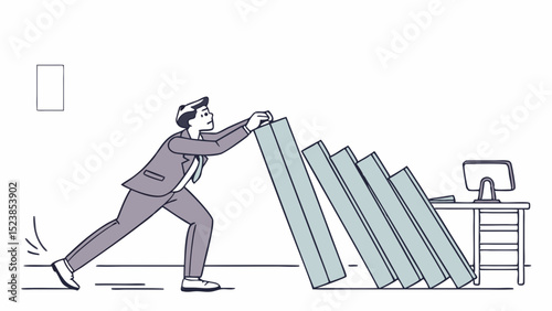 Vector determination and effort, businessman uses his body to stop line of falling objects,