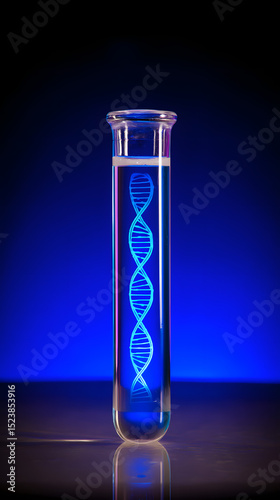 Tubo de ensayo con cadena de ADN brillante, concepto de biotecnología, genética y ciencia molecular en formato horizontal 9:16
