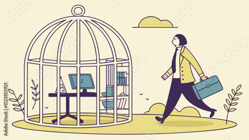 Vector freedom Businessman walks away from birdcage containing office setup,