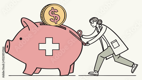 Vector doctor is pushing large piggy bank with plus sign, symbolizing health savings
