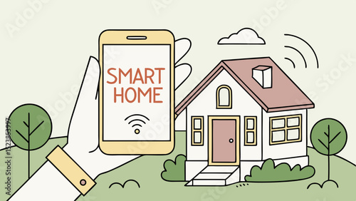 Vector hand holding smartphone displaying words Smart Home with house in background