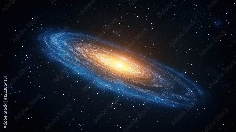 Fototapeta premium The Milky Way galaxy shines as a beautiful spiral at the center, surrounded by glowing stars against a dark background that highlights stunning blue and orange tones This highdefinition photograph cap