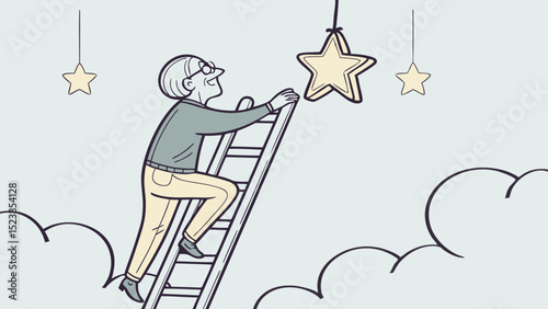 Vector Elderly man climbs ladder to reach stars in whimsical sky, expressing hope and dreams