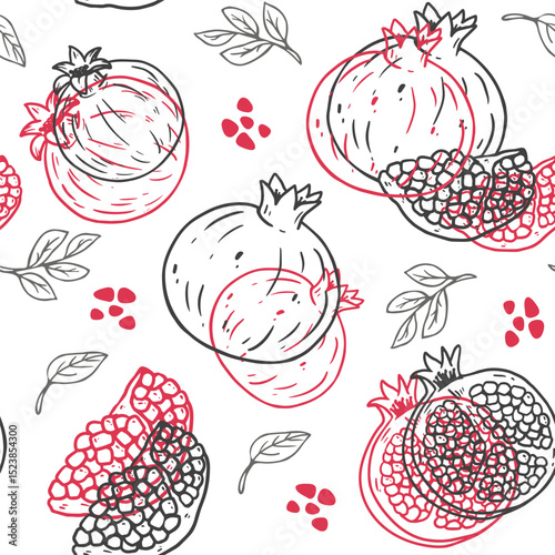 seamless pattern with pomegranate fruits. Hand drawn pomegranates and leaves. Simple outline background for web design, product packaging, napkins, backdrops. Vector