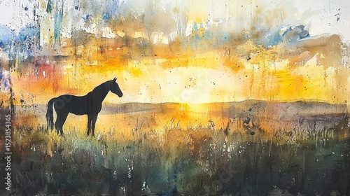A black horse stands in a grassy field at sunrise, depicted in a vibrant watercolor painting.