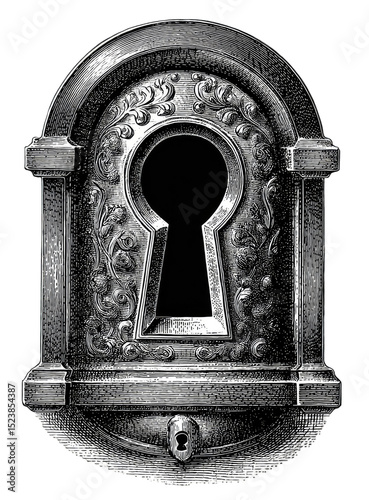 Ornate keyhole,  dark metal,  decorative frame,  intricate design