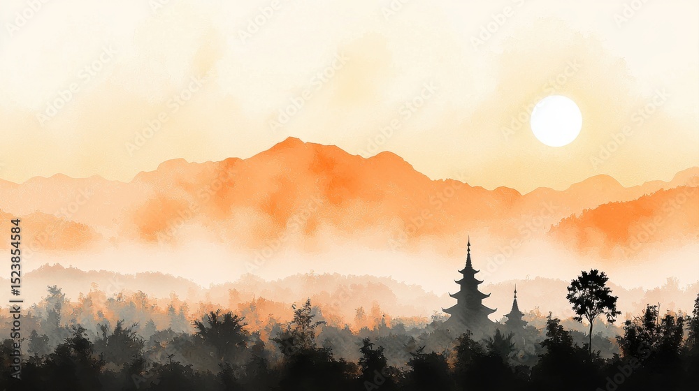 Obraz premium Serene sunrise over misty mountains with a traditional pagoda among trees, rendered in a soft watercolor style.