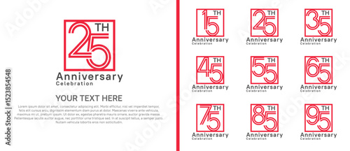 logo anniversary set. red color with square on white background for special event