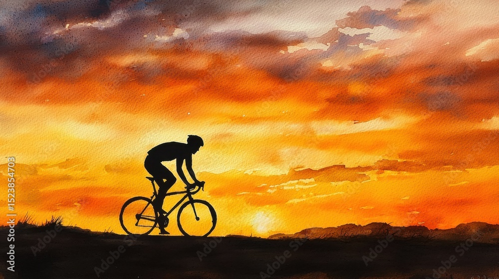 Obraz premium A cyclist rides along a path silhouetted against a vibrant orange sunset sky.