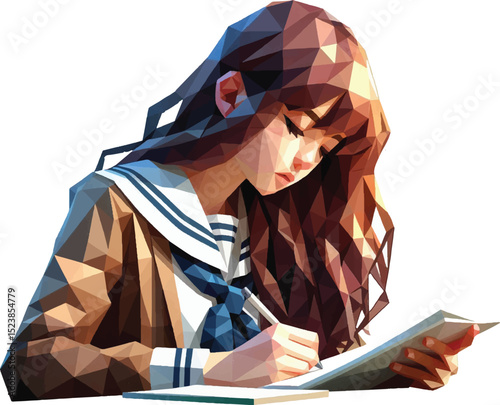 Beautiful student girl taking notes, in low poly style