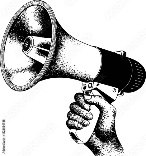 Hand holding a vintage style megaphone loudspeaker