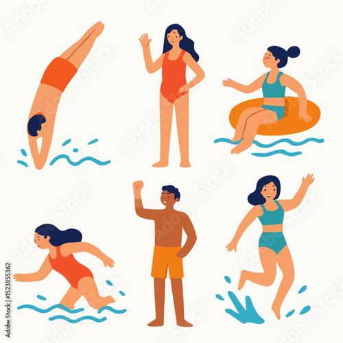 Splashing Into Summer: A vibrant depiction of various people enjoying aquatic activities, with joyful illustrations showcasing a person's diving, standing, and striking different postures.