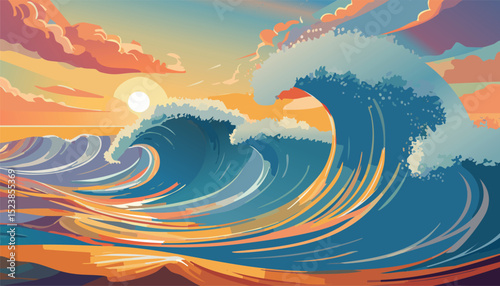 Vector Illustration of a Sea Wave Scene with Ocean Background